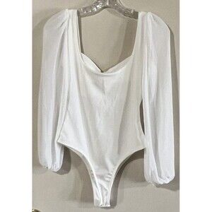 White Puffed Balloon Sleeves Womans Stretch Body Suit Sz Medium NBD